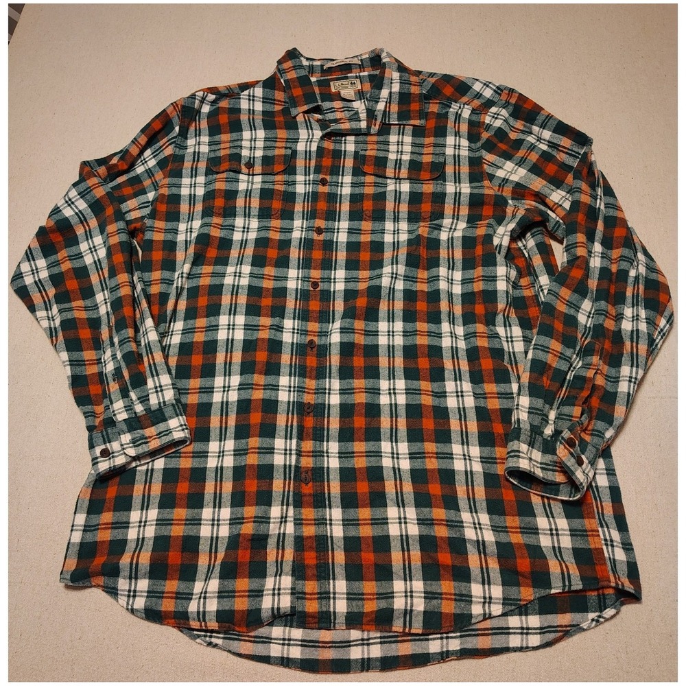 LL Bean Mens XL Tall Traditional Fit Flannel Shirt‎ Plaid Green Orange 285286 R